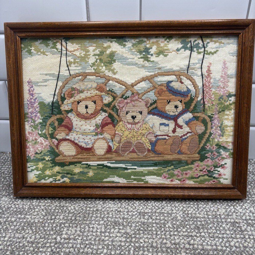 Cross Stitch Bears Nursery Family Love Sunbonnet Swing Country Embroidery VTG